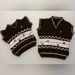 Brown Hand Knitted Kids Toddler Swear Vests with Car Buttons, Sizes 2 and 4.